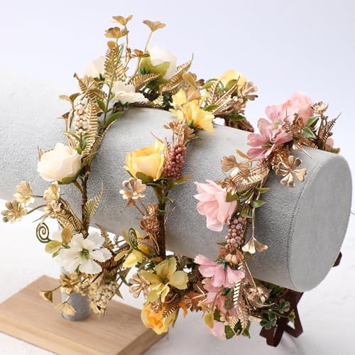 Fairy Rose Flower Crown - Golden Leaves Autumn Yellow Flower Headband Fashion Boho Bridal Floral Headpiece Women Girls Vacation Party Festival Photo Prop - color: Orange