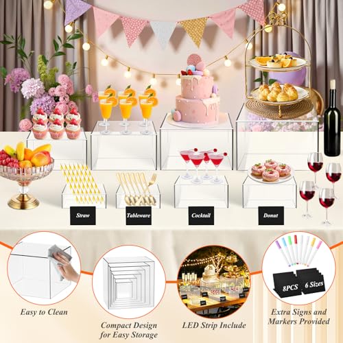 8 Pcs Clear Acrylic Buffet Risers with LED Fairy Lights, Acrylic Food Risers with Mini Sign and Maker, Clear Buffet Risers and Stands for Party Catering Dessert Collectibles(9" 8" 7" 6" 5" 5" 4" 4" ) - size: 9" 8" 7" 6" 5" 5" 4" 4"