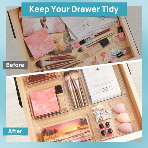 Vtopmart 44 PCS Clear Plastic Drawer Organizers Set, 4-Size Versatile Bathroom and Vanity Organizer Trays, Non-Slip Storage Containers for Makeup, Jewelries, Bedroom,Kitchen Utensils and Office - color: Clear