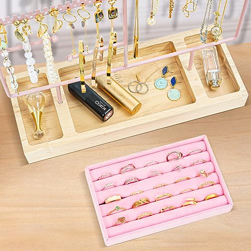 ProCase Jewelry Organizer Stand Earring Holder Organizer, 6 Tiers Earring Organizer Tree Necklace Rack Jewellery Tower Bracelets Holder Storage with Removable Wooden Ring Tray for Women Girls -Pink - color: Pink