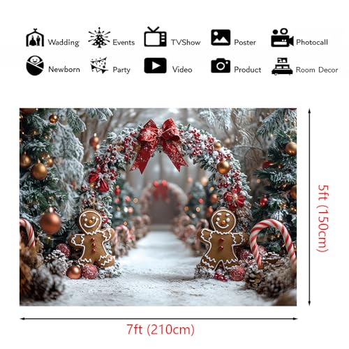AIBIIN 7x5ft Winter Christmas Gingerbread Man Backdrop Snowy Christmas Tree Arch with Candy Canes and Red Bows Photo Background Holiday Winter Wonderland Birthday Party Baby Shower Vinyl Studio Prop - color: Gingerbread Man, size: 7x5ft