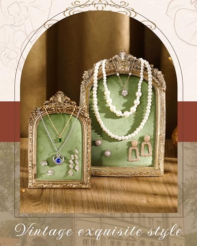 Wonderjune 2 Pcs Gold Jewelry Display Stand Vintage Necklace Organizer Ring Holder Earring Tray Resin Jewelry Photography Props Frame with Velvet Backing for Gifts(Green,Large,Small,Elegant) - color: Green, size: Large,Small, style: Elegant