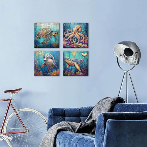Bathroom Wall Art 16x16" 4Pcs, Blue Ocean Canvas Painting Vintage Wood Grain Background Animal Artwork Nautical Underwater World Cartoon Sea Turtle Octopus Posters Living Room Nursery Home Decorations - color: Sea Animals, size: 16"l X 16"w