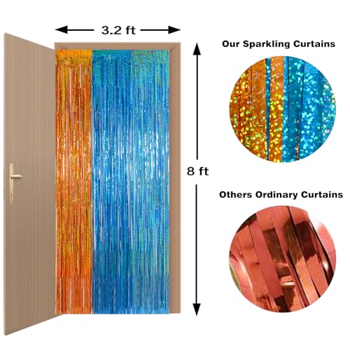 Melsan Heavy Duty Tinsel Fringe Curtain, 3 Pack 3.2 x 8.2 ft Extra Long Thicker Blue & Orange Streamers, Includes Adhesive + 3 Extra 3.1 Ft Tapes, Blue Dog Themed Birthday Backdrop & Photo Booth Prop - color: Blue and Orange