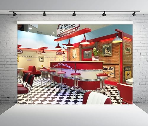 BELECO 9x6ft Fabric Retro 50s Diner Backdrop Classic 1950s Fast Food Soda Shop Restaurant Rockin Dinner Party Dining Background 50s Diner Party Supplies Banner Photo Booth Studio Props - size: 9x6FT