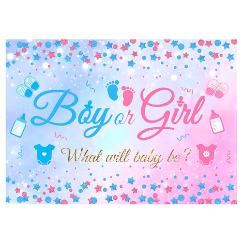 7X5FT Gender Reveal Boy Or Girl Photo Backdrop He Or She What Will Baby Be Blue Pink Footprints Glitter Dots Star Party Decorations Photography Background Polyester - size: 7x5 FT