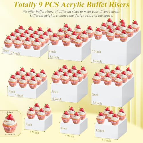 9 PCS White Buffet Risers and Stands | Food Display Risers for Buffet Table | Acrylic Stands with Signs and Markers | Cube Boxes for party, birthday, wedding, Catering, Collection | Size 10’’-9’’-8’’-7’’-6’’-5’’