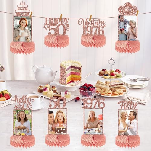 Guiruiy 8Pcs 50th Birthday Decorations Honeycomb Centerpieces for Women, Pink Rose Gold Glitter Vintage 1976 50 Birthday Photo Table Centerpieces Party Supplies, Pink Fifty Bday Photo Table Topper - style: Rose Gold 50th