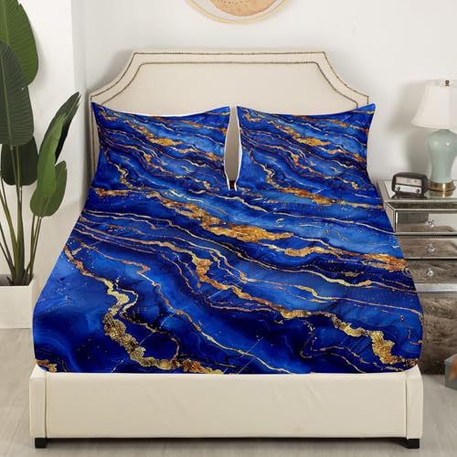 Feelyou Dark Blue Marble Bed Sheets Set King Size Modern Marble Aesthetic Sheet Set Retro Watercolor Artwork Design Sheets with Deep Pocket Fitted Sheet Abstract Marble Texture Printed Bedding Set - color: Dark Blue, size: King