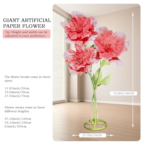 3pc Artificial Giant 3D Flowers Decorations - Huge Adjustable Height Faux Flower for Wedding Birthday Party Shop Window Display Arrangement Event Decoration (Red) - color: Red Peony