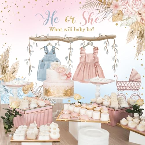 Withu Boho Gender Reveal Backdrop for Photography He Or She Blue Pink Cute Clothes Floral Flowers Boy or Girl Baby Shower Party Background Decorations Banner 7x5ft - size: 7x5ft