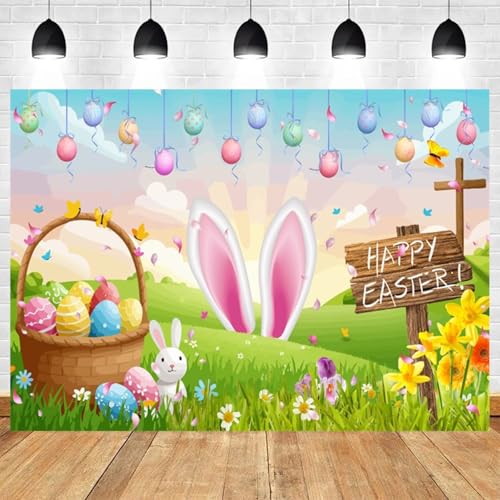 5x3ft Easter Photo Backdrop Happy Easter Theme Background with Bunny Ears Eggs Basket Spring Flowers Grass for Party Decor Holiday Celebration Seasonal Event Decoration - color: color 10, size: 5x3ft