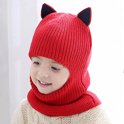 Kids Winter Plus Velvet Thickened face Protection Scarf Cute Beanie Cap Skull Caps Winter Soft Warm Knit Caps - color: Hat3-red