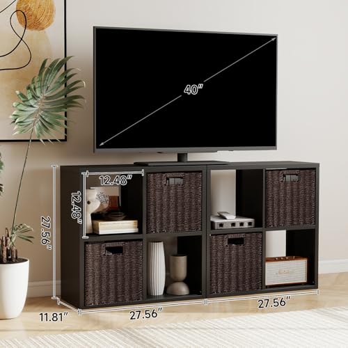Metal 4-Cube Storage Organizer with 2 Storage Baskets, Black Bookcase & Display Shelf, Multi-Functional 2 Tier Cube Shelf for Home Office, Living Room as TV Stand, Cabinet, Easy Assembly - color: Black, size: 4 Cube - Basket