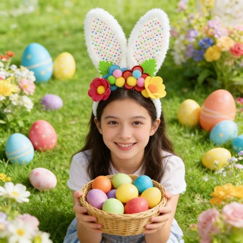 3 Pack Luxurious Easter Bunny Ears Headband Cute Plush Rabbit Ears for Kids Adult Cosplay Birthday Party Supplies - color: 3pcs Headband With Flowers-3