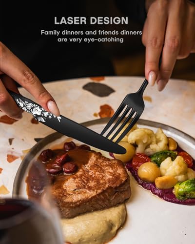 Stapava 40 Pcs Black Silverware Set for 8, Stainless Steel Flatware Cutlery, Include Forks Spoons and Knives, Mirror Polished, Dishwasher Safe Black Utensils for Home Restaurant Hotel - style: Beautiful Laser Black