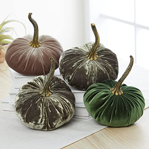 Your Heart's Content Set of 4 Small Velvet Pumpkins, Handmade Home Decor, Holiday Mantle Decor, Fall Halloween Thanksgiving Centerpiece, Rustic Fall Wedding Centerpiece (2 Luxe Moss, Olive, Taupe) - color: 2 Luxe Moss, Olive, Taupe
