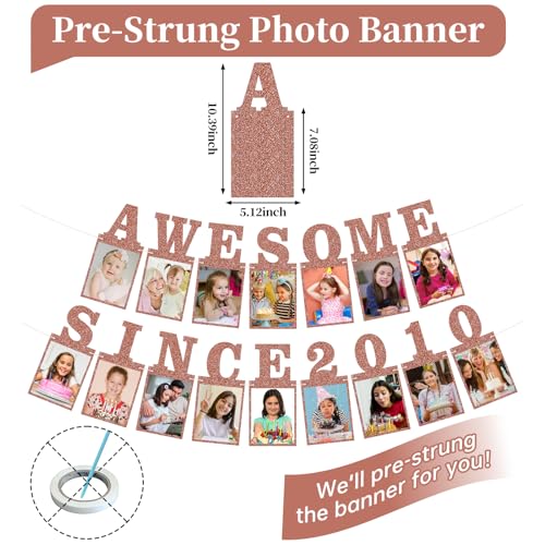 Pre-strung Awesome Since 2010 Photo Banner Birthday Decorations for Girls Women- Pink Rose Gold Glitter Sweet 16th Birthday and Anniversary Decorations Party Supplies - style: Pink Rose Gold 16th
