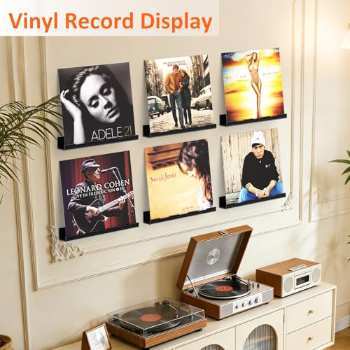 Optish 12 Pack Vinyl Wall Mount Shelf, 12" Vinyl Record Holder, Clear Record Shelf Display and Storage, Acrylic Shelves for Wall, Nursery, Living Room, Bedroom, Black - color: Black