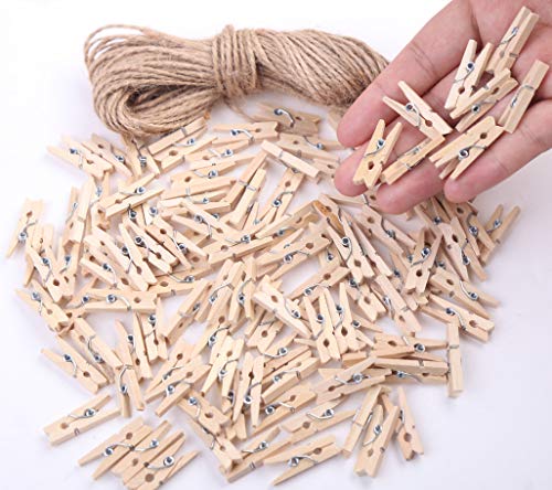 DIYASY 120 Pcs Mini Wood Clothespins,1 Inch Small Craft Wooden Clips with Jute Twine for Photo Wall and DIY Craft.