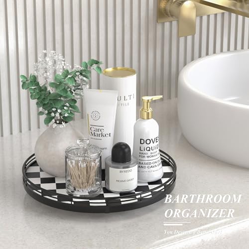 Black and White Kitchen Lazy Susan Turntable – Round Checkered Decorative Tray, 12” Table Top Oak Wood Lazy Susan for Cookies, Dining Table Organizer, Small Kitchen Table Centerpiece - color: Black & White, size: 12 inches