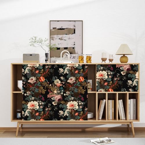 Black Floral Wallpaper Peel and Stick Vintage Colorful Floral Wallpaper Leaf Contact Paper for Cabinet Waterproof Self Adhesive Wall Paper for Kitchen Countertop Wall 17.5" x 393" - color: Dark Floral, size: 17.5" x 393"