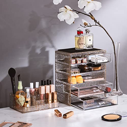 Sorbus Acrylic Makeup Organizer Set, 6-Drawer Vanity & Countertop Cosmetic Storage with Small & Wide Compartments, Glitter Makeup Storage for Brushes, Jewelry – Holiday Gift for Women & Teens - color: Glitter, size: 4 Large, 2 Small Drawers