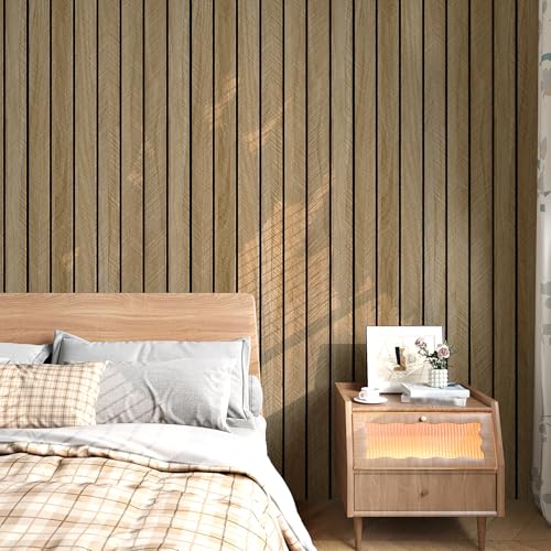 Brown Wood Panels for Wall 3D Wood Slat Wall Panel Acoustic Faux Wooden Slat Wallpaper Self Adhesive Herringbone Shiplap Peel and Stick Wallpaper for Bedroom Living Room Entrance Hall Decor - color: Brown, size: 11.8" x 118"