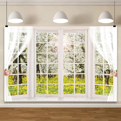 YongFoto 5x3ft Spring Window Scenery Backdrop Yellow Wild Flowers Garden Spring Blossom Lush Trees Nature Landscape Photo Background Girl Woman Birthday Party Kids Adults Portrait Photo Studio Prop - color: White 1, size: 5x3ft
