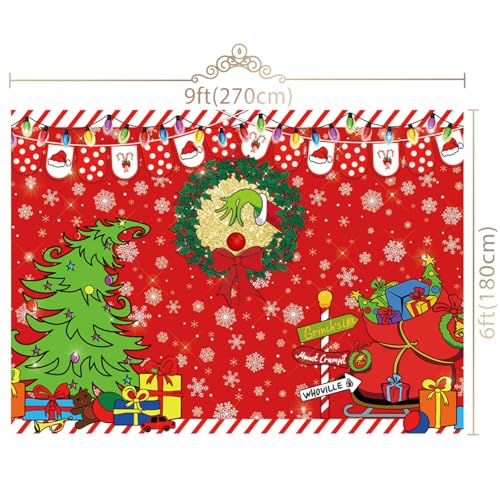 9x6ft Merry Grinchmas Backdrop Red Christmas Backdrop Xmas Tree Snow Winter Signpost Background for Christmas Family Party Photo Studio Prop - size: 9x6ft