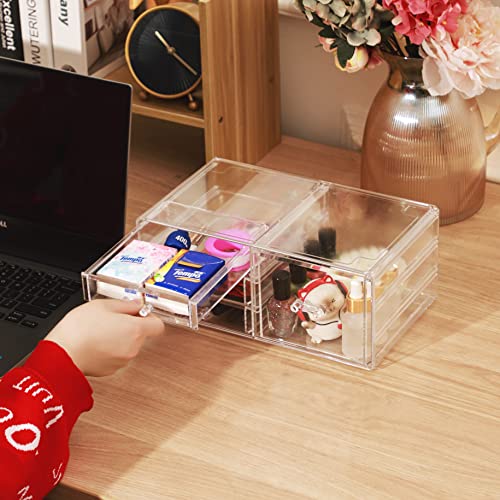 Cq acrylic Clear Stackable Storage Bins,Plastic Medicine Storage Organizer and Small Drawer Organizer with 4 Drawers for Make up,Skincare Produc,Craft,Beauty and Desktop Drawers Organizer Storage - size: 3 Small Drawers, 1 Height Drawer