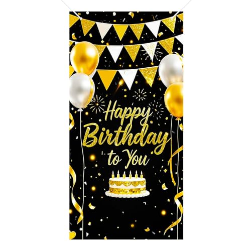 HOMETITUTE Birthday Door Cover 71x35 Inch Black and Gold Birthday Banner for Party Decorations Happy Birthday to You Backdrop Sign with Balloons Cake for Wall Party Supplies - color: Black and Gold