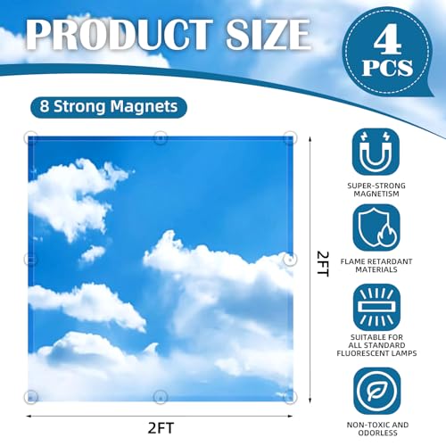ANGSYLTH 2 x 2 Feet Fluorescent Light Covers - 4 Pcs Covers for Ceiling Lights, Magnetic Light Filters for Classroom, Office, Hospitals, Home (Blue Skies & White Clouds) - color: Blue Skies & White Clouds