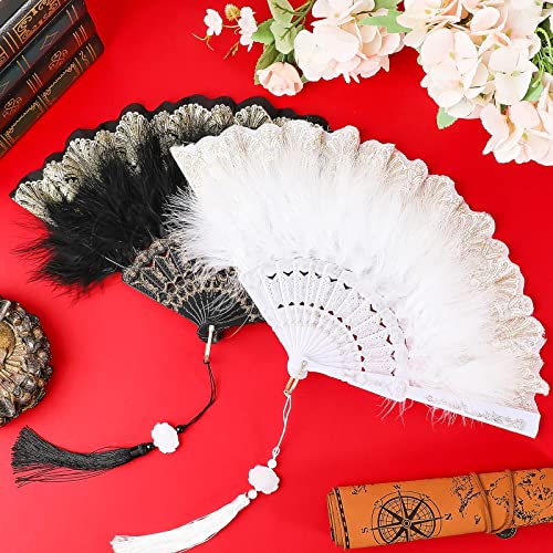 Namalu 2 Pieces Feather Hand Fan Embroidered Flower Marabou 1920s Feather Fan Hand Folding Drag Queen for 20s Women Costume Party Dancing Photoshoot Wedding Decor(White, Black) - color: White, Black