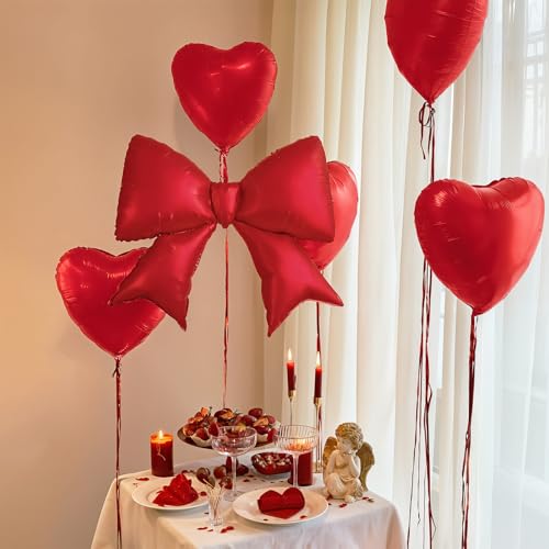 Red Bow Balloons 38 Inch, Giant Red Bowknot Foil Mylar Coquette Party Decorations for Women Girls Birthday Valentines Day Galentines Engagement Wedding Anniversary Bachelorette Decorations Supplies - color: Red, size: 38inch