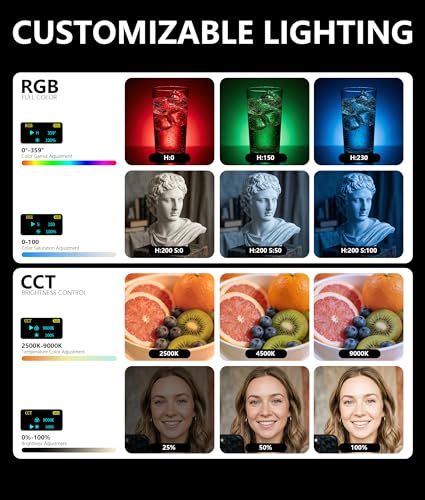 Portable RGB LED Video Light, 140LEDs Camera Light with CRI95+, 2500K-9000K CCT, 0-100% Dimmable Brightness, Adjustable Saturation, 3100mAh Rechargeable for Vlogging, Photography, Video Conference - color: RGB with HSI