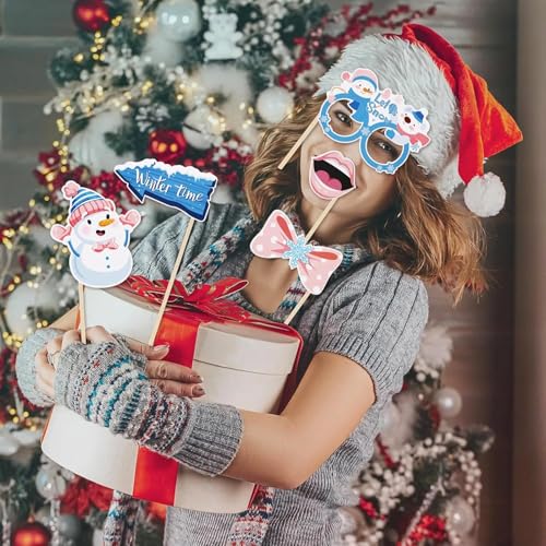 30PCS Snowflake Photo Booth Props - Snowflake Games for Party Supplies, Winter Photo Booth Props, Holiday and Winter Wonderland for Christmas Party Decoration
