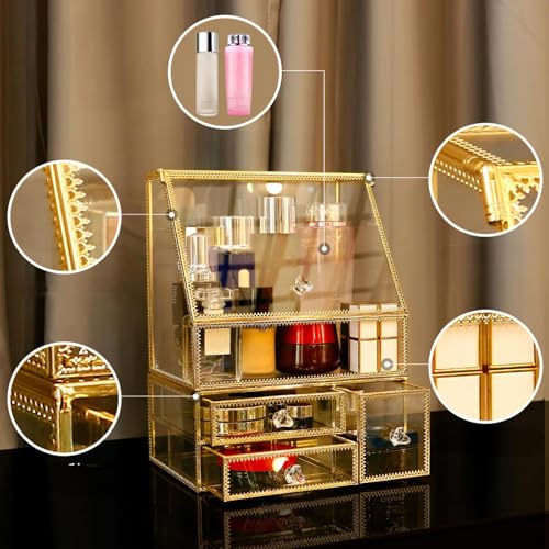 Large Glass Makeup Organizer Drawer Set Beauty Storage Bathroom Counter Organizer Cosmetic Display with Pearl (16in)