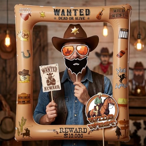 Western Cowboy Cowgirl Photo Booth Props Inflatable Frame, 30Pcs Wild West Photo Props with Large Inflatable Picture Frame for Country Rustic Cowboy Party Selfie Supplies - color: Western Cowboy
