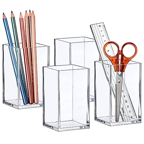 Amazing Abby - Penelope - 4-Pack Pen Holder, Acrylic Pen Holder, Clear Plastic Organizer for Office Supplies, Perfect Office Desktop Storage Solution for Pencils, Pens, Markers, Scissors, and More - style: 4-Pack