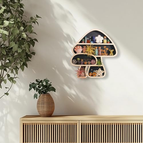 Cute Mushroom Decor, Wooden Floating Mushroom Shelf for Wall, Crystal Display Shelf Rock Gem Stone Display Shelf Wall Mounted - color: 2 Mushrooms