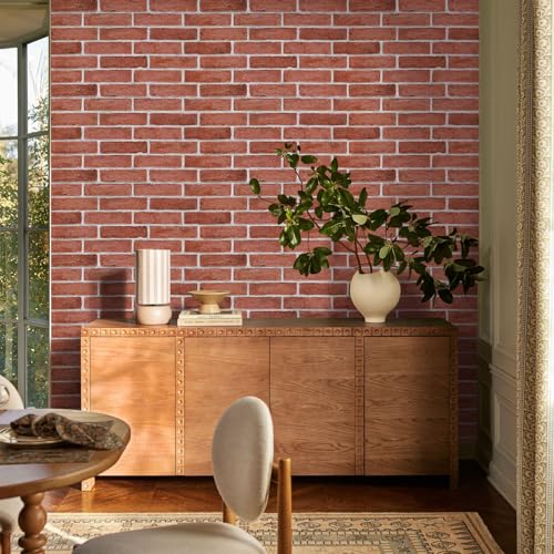 COMSTICKC 3D Faux Brick Wall Panel Peel and Stick, 3D Brick Wall Stickers, 12 pcs of 22.8" x 11.8", Not Real Brick, UrltraLight PVC Adhesive Fake Brick Backsplash Wall Covering Interior, 22.48 sq.ft - color: Vintage Red Brick
