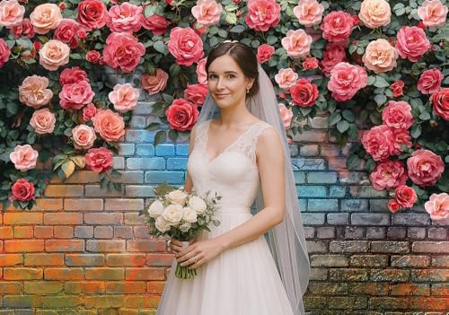 10x8FT Pink Rose Flower Backdrop Colorful Brick Wall Flowers Backdrops Wedding Birthday Party Baby Showers Decorations Background D771 - size: 10x8ft