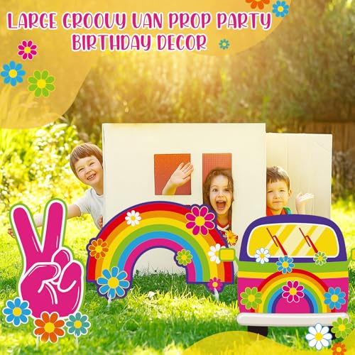 Soulchen 3 Pcs 24 Inch Large Hippie Photo Booth Props Retro Groovy Birthday Party Decorations Boho Bus Peace Sign Hand Rainbow Daisy Frame Backdrop for 60s 70s Hippie Party Supplies - style: Bright Hippie
