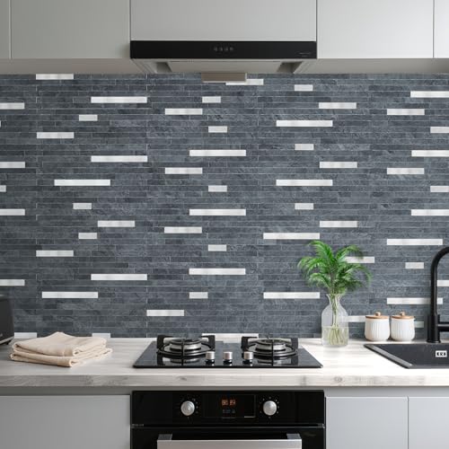 AULIGET 2 Sheets Black Slate Peel and Stick Backsplash, PVC Mixed Metal Silver Wall Tile Stick on Backsplash for Kitchen and Bathroom - color: Black Slate + Metal Silver, size: 2 Sheets, 6"x12"x0.12"