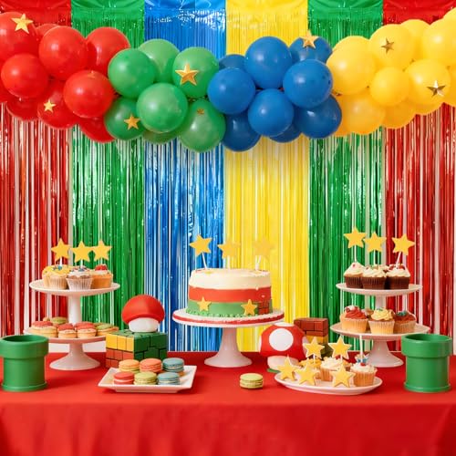4 Packs Blue Red Green Yellow Foil Fringe Curtain, Blue Red Green Yellow Glitter Metallic Tinsel Backdrop for Birthday, Baby Shower, Video Game Theme Party Decorations Supplies - color: Blue Red Green Yellow