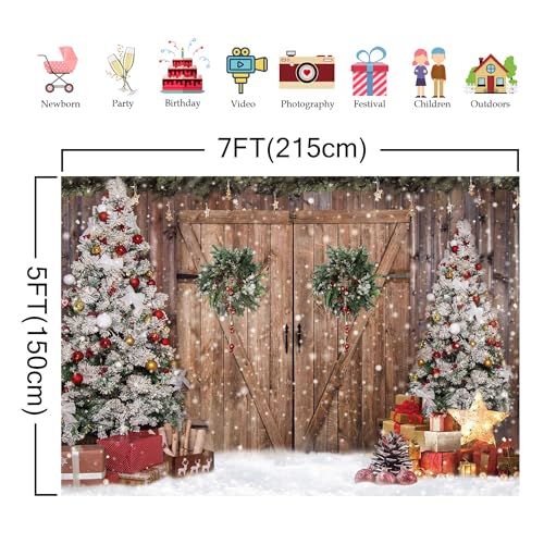 7x5FT Polyester Fabric Winter Christmas Rustic Barn Wood Door Photography Backdrop Xmas Tree Snow Background Banner for Family Holiday Party Decoration Supplies Photo Studio Props Pictures - size: 7'x5'