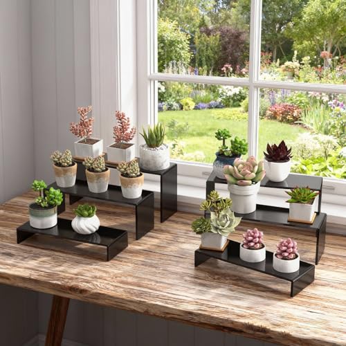 6 PCs Risers Display Stands 3 Tiers Desktop Acrylic Shelves Cake Dessert Holder Products Stand for Collectibles Shoes Jewels Pop Figure (Black) - color: Black 6 PCs