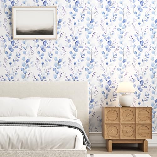Extra Long Boho Blue Leaves Contact Paper, 17.5In x 393In Casual Eucalyptus Botanical Peel and Stick Wallpaper for Bedroom Cubicle Kitchen, Vinyl Natural Foliage Mural Self Adhesive Wall Paper - color: White/Pale Blue, size: 17.5" x 393"