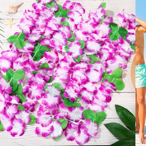 Hoteam 24 Counts Purple White Hawaiian Leis Necklace Tropical Flower Lei Floral Luau Party Decorations Flower Luau Necklaces Hula Dance Garland Headbands for Graduation Beach Birthday Wedding Party - color: Purple White